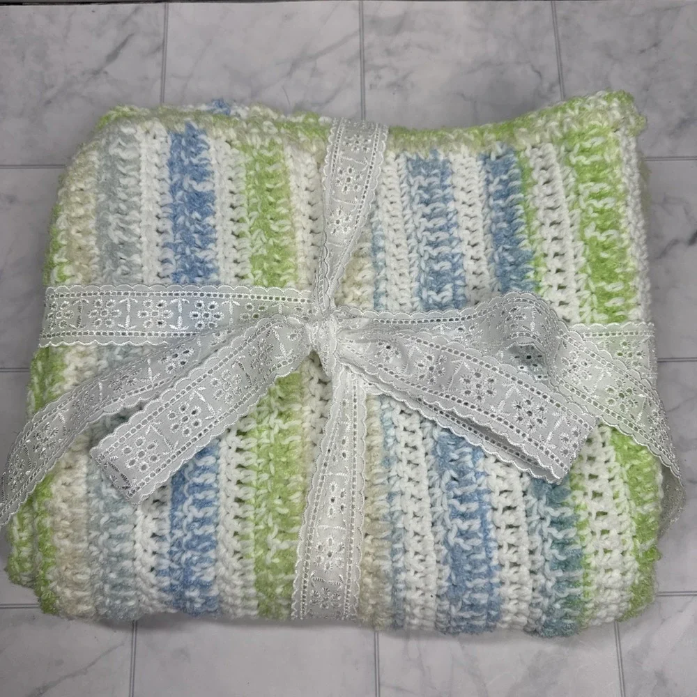 Handmade Crochet Striped Throw Blanket Blue Green White Afghan Cottagecore 47x26